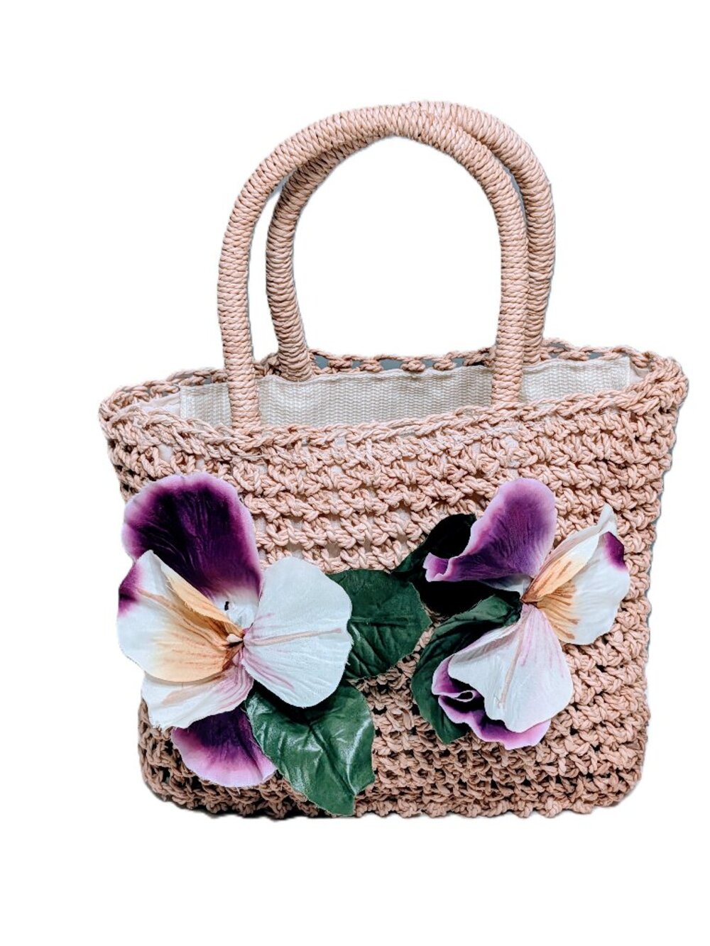 Cornhusk Straw Handbag Purple Flower Purse Boho Cottagecore Fairycore Zipper